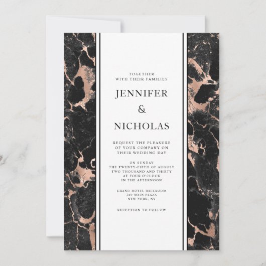 Invitation Élégant Rose en marbre noir Mariage or (Devant)