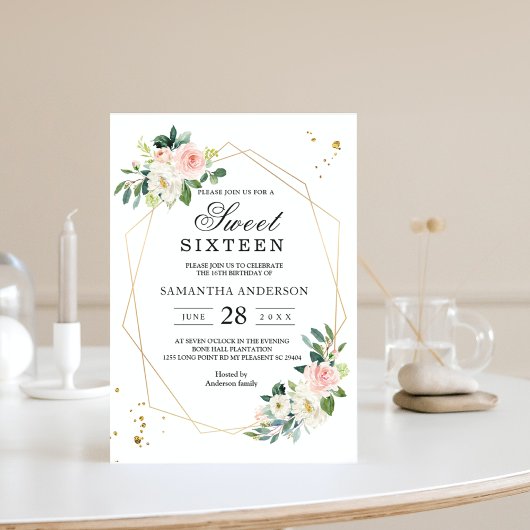 Invitation Elégant rose et blanc Aquarelle Fleurs d'or goutte