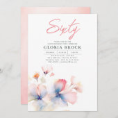 Invitation Elégant rose et bleu Fleurs minimalistes Anniversa (Devant / Derrière)