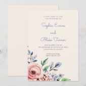Invitation Elégant rose et bleu floral Mariage jaune (Devant / Derrière)