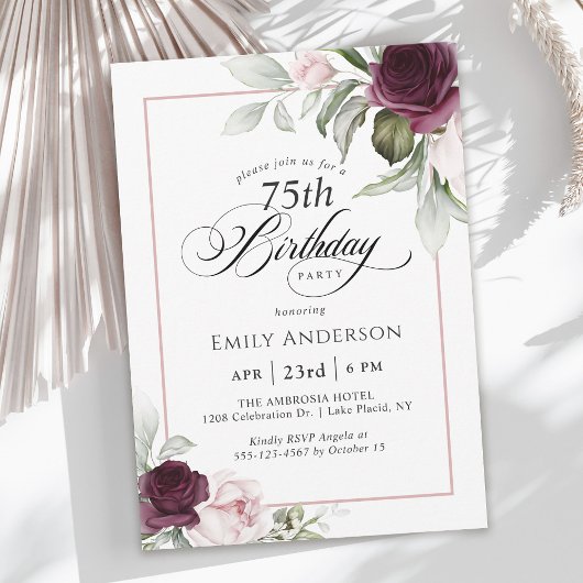 Invitation Elégant rose et bordeaux Floral 75e anniversaire