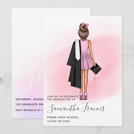 Invitation Elegant Rose et Brown Fille Graduation Party Invit (Devant / Derrière)