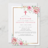 Invitation Élégant rose et or floral avec Baptême croisé (Devant)
