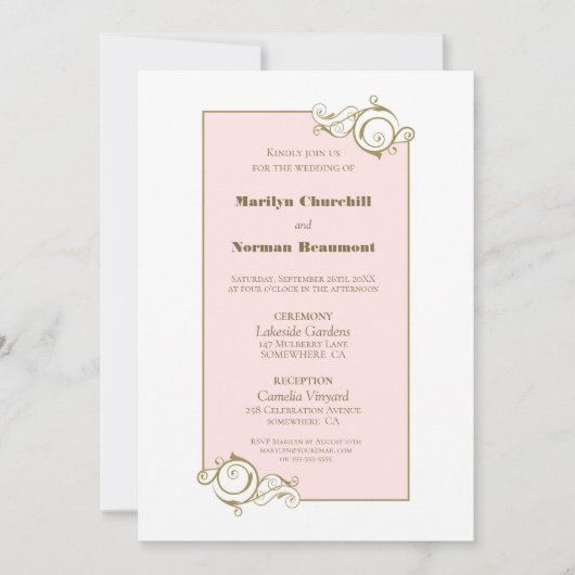 Invitation Élégant rose et or Mariage simple (Devant)