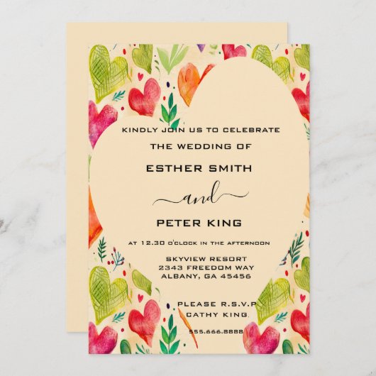 Invitation Elégant rose et vert Coeurs floraux Arbor Mariage (Devant / Derrière)