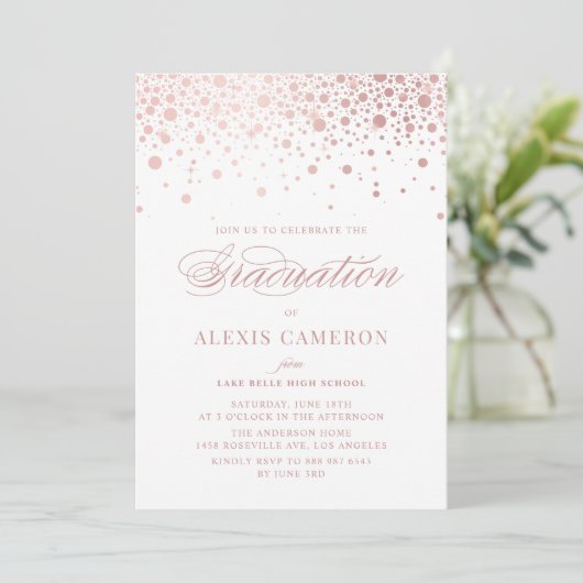 Invitation Élégant Rose Faux Gold Foil Confetti Graduation (Debout devant)