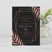 Invitation Élégant Rose Feuille d'or Mariage noir (Debout devant)