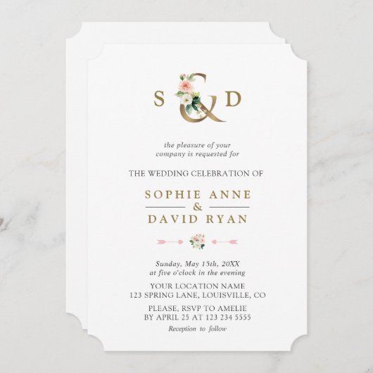 Invitation Élégant rose Fleurs blanches Ampersand Mariage (Devant / Derrière)