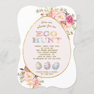 Invitation Elégant rose Fleurs blanches Or Chasse aux oeufs P