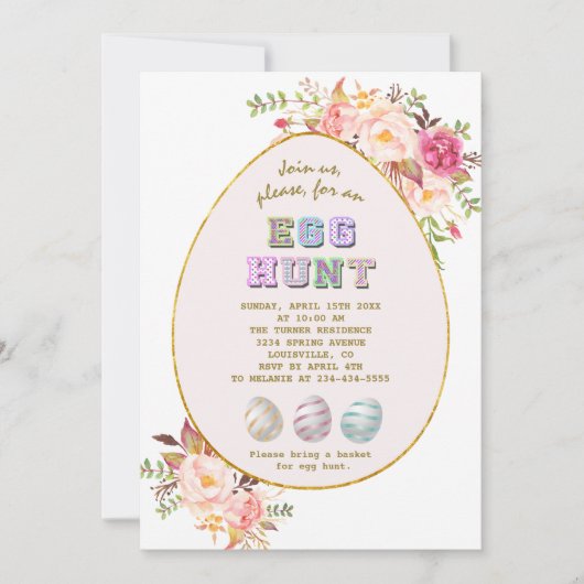Invitation Elégant rose Fleurs blanches Or Chasse aux oeufs P (Devant)