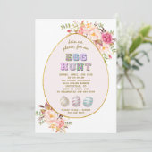 Invitation Elégant rose Fleurs blanches Or Chasse aux oeufs P (Debout devant)