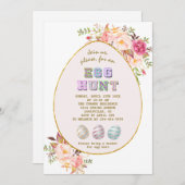 Invitation Elégant rose Fleurs blanches Or Chasse aux oeufs P (Devant / Derrière)