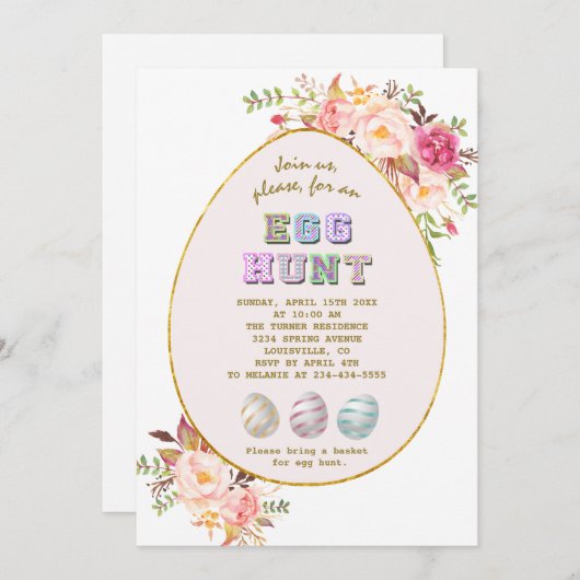 Invitation Elégant rose Fleurs blanches Or Chasse aux oeufs P (Devant / Derrière)