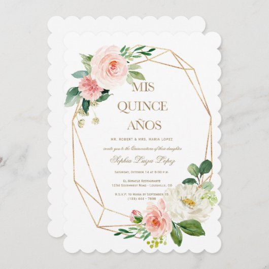 Invitation Elégant rose Fleurs blanches or Quinceañera (Devant / Derrière)