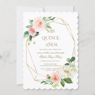 Invitation Elégant rose Fleurs blanches or Quinceañera