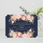 Invitation Elégant rose Fleurs de couleur bleu marine Mariage (Debout devant)