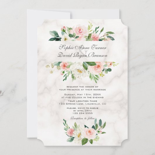 Invitation Élégant rose Fleurs de Crème Noire Mariage en marb (Devant)