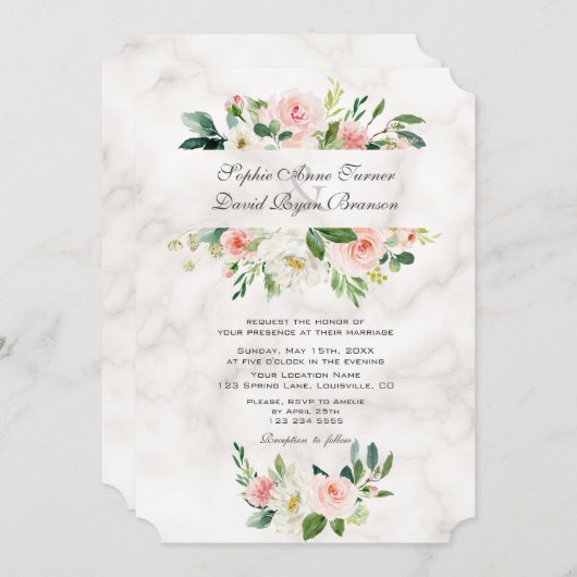 Invitation Élégant rose Fleurs de Crème Noire Mariage en marb (Devant / Derrière)
