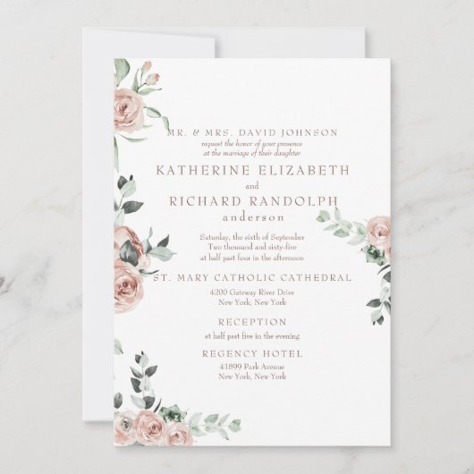 Invitation Elégant rose Fleurs Eucalyptus 2 Mariage de lieu (Devant)