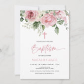 Invitation Élégant rose Fleurs Florales Baptême Feuille vert (Devant)