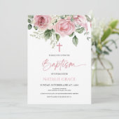 Invitation Élégant rose Fleurs Florales Baptême Feuille vert (Debout devant)