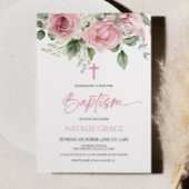 Invitation Élégant rose Fleurs Florales Baptême Feuille vert