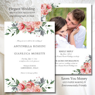 Invitation Elégant rose Fleurs Photo RSVP Mariage