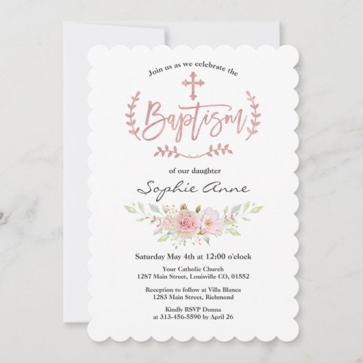 Invitation Élégant rose Fleurs Rose Croix d'or Baptême (Devant)