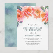 Invitation Elégant Rose Floral Aquarelle 50ème anniversaire (Devant / Derrière)