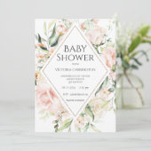 Invitation Elégant rose Floral Aquarelle Or bébé (Debout devant)