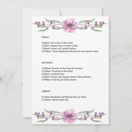 Invitation Élégant rose Floral Bachelorette Week-end Itinérai (Dos)