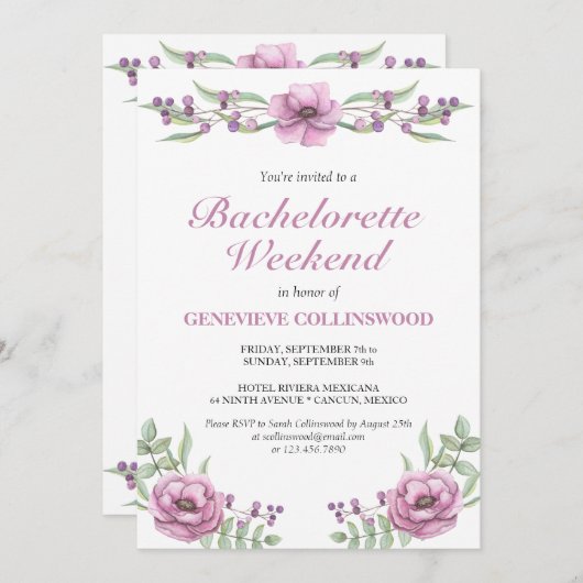 Invitation Élégant rose Floral Bachelorette Week-end Itinérai (Devant / Derrière)