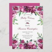 Invitation Élégant rose floral bébé fille Script bébé (Devant / Derrière)