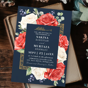Invitation Élégant Rose Floral Blue Musulman Mariage