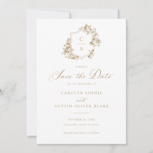Invitation Élégant Rose Floral Crest Save Date Card (Devant)