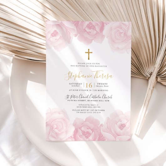 Invitation Élégant rose Floral Croix d'or filles Baptême