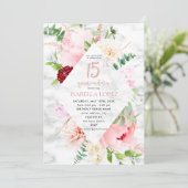 Invitation Élégant rose Floral Diamond Script Quinceañera (Debout devant)