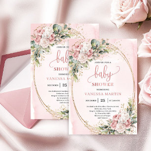 Invitation Élégant rose floral eucalyptus bébé fille