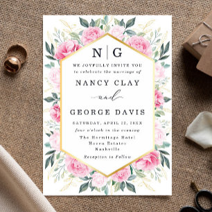 Invitation Élégant rose Floral Feuilles Monogramme Mariage