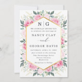 Invitation Élégant rose Floral Feuilles Monogramme Mariage (Devant)