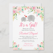 Invitation Élégant rose floral fille Baby shower éléphant (Devant)