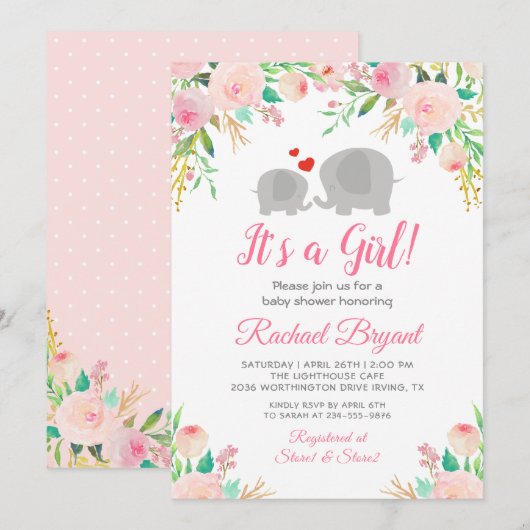 Invitation Élégant rose floral fille Baby shower éléphant (Devant / Derrière)
