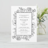 Invitation Elégant Rose Floral Frame noir blanc Mariage (Debout devant)