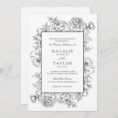 Invitation Elégant Rose Floral Frame noir blanc Mariage (Devant / Derrière)
