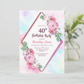 Invitation Elégant rose floral géométrique 40e anniversaire (Debout devant)
