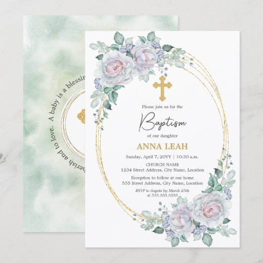 Invitation Élégant Rose Floral Gold Cross Baptism (Devant / Derrière)