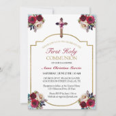 Invitation Élégant Rose Floral Gold First Holy Communion (Devant)