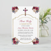 Invitation Élégant Rose Floral Gold First Holy Communion (Debout devant)