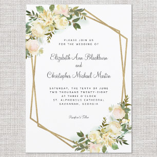 Invitation Elégant Rose Floral Mariage Or géométrique Blanc