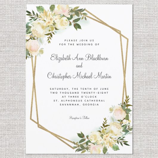 Invitation Elégant Rose Floral Mariage Or géométrique Blanc
